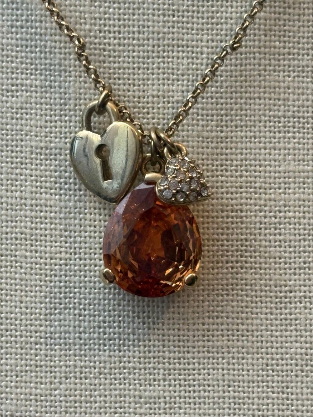 Vintage Monet Gold Tone Heart Lock Charm Necklace Orange Crystal Pendant